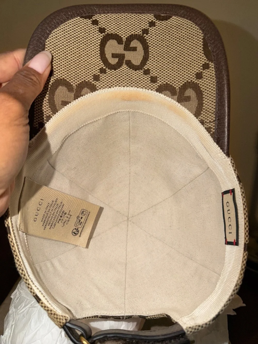 Gucci Jumbo GG Canvas Baseball Cap Hat Camel Ebony Leather Trim Authentic - Picture 3 of 4